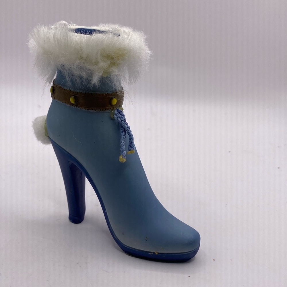 Miniature shoe collection blue high heeled boot w/ faux fur trim 3.25”